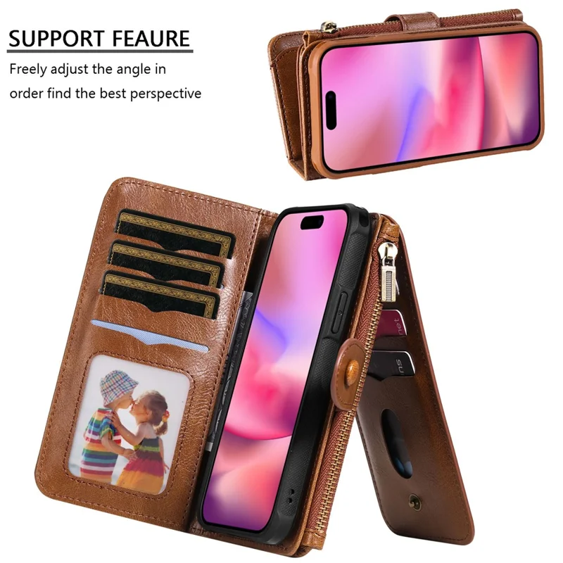 For iPhone 16 Magnetic Case Detachable PU Leather Zipper Wallet Cover - Brown