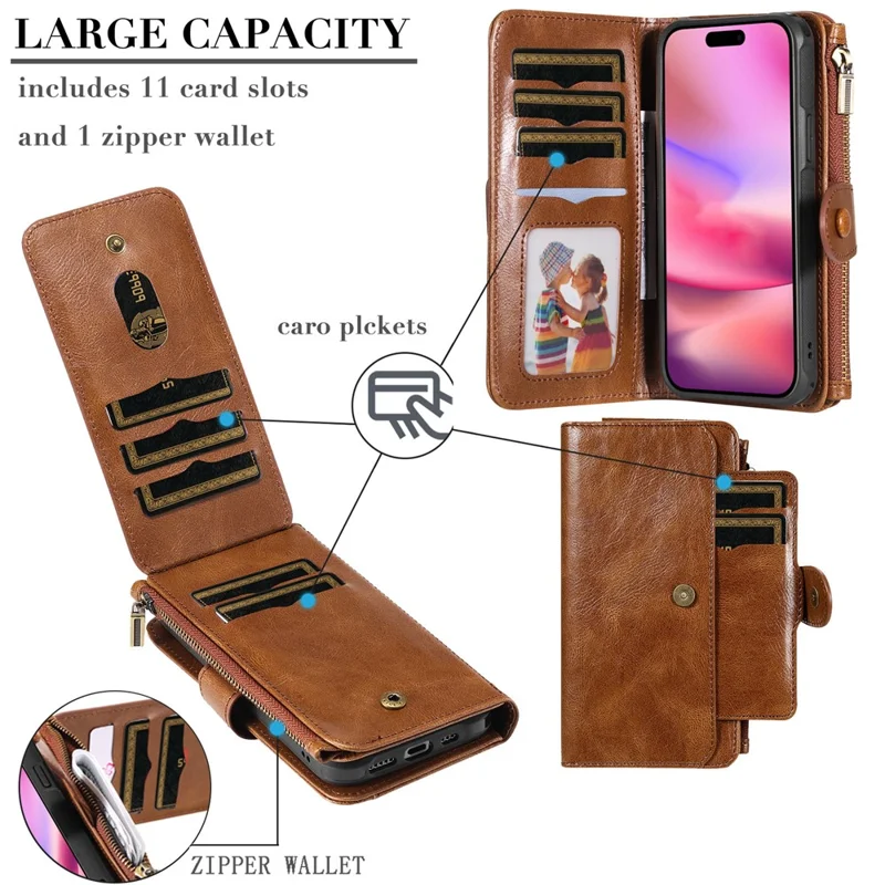 For iPhone 16 Magnetic Case Detachable PU Leather Zipper Wallet Cover - Brown