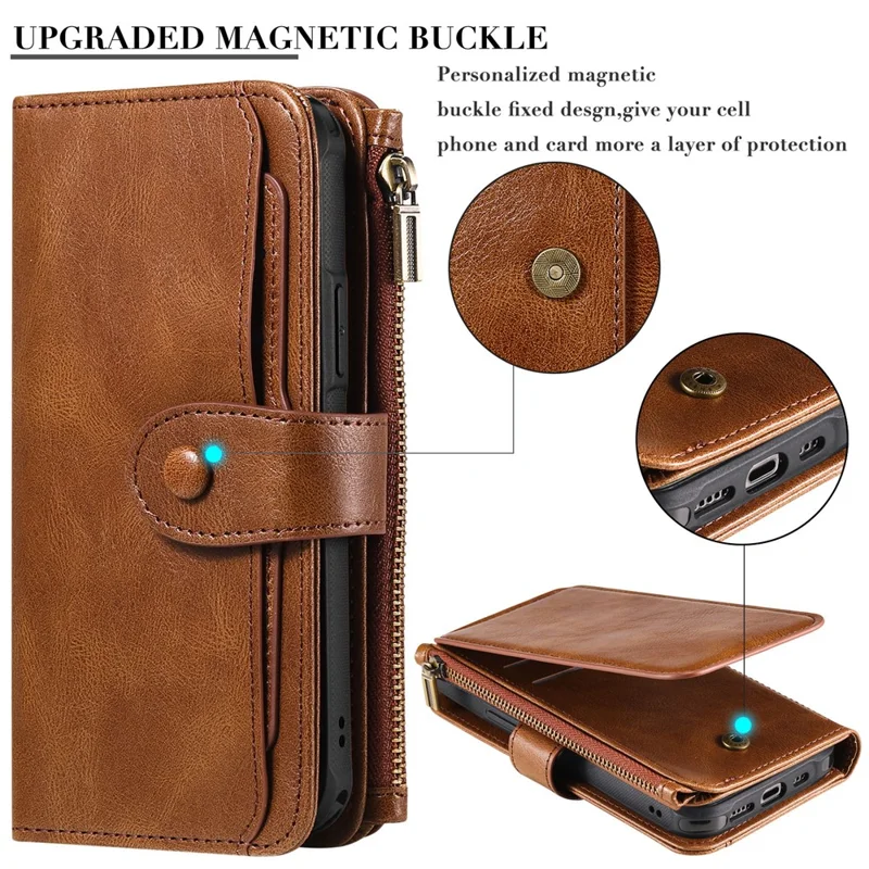 For iPhone 16 Magnetic Case Detachable PU Leather Zipper Wallet Cover - Brown