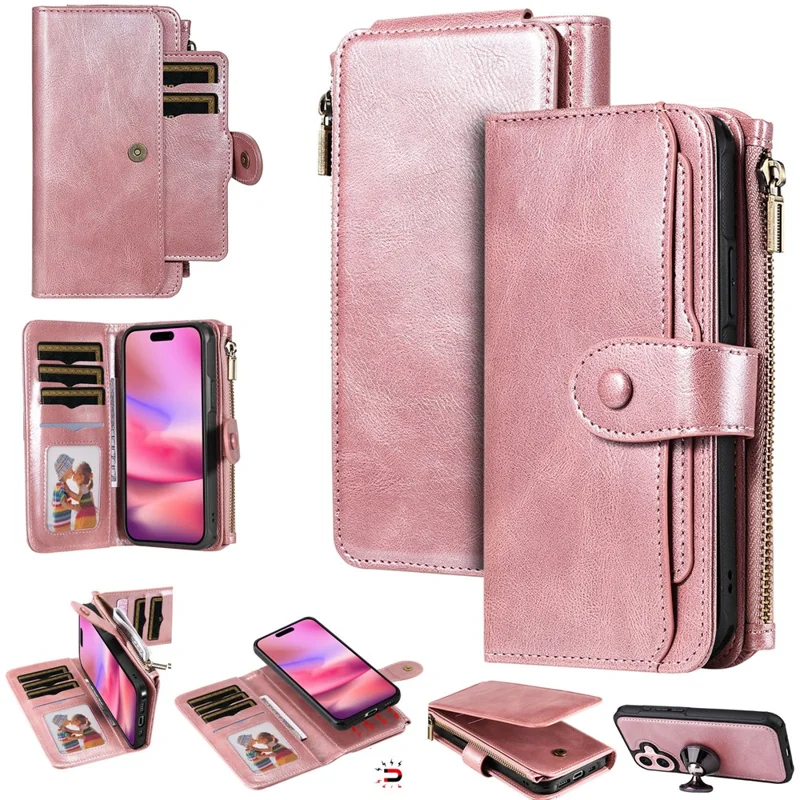 For iPhone 16 Magnetic Case Detachable PU Leather Zipper Wallet Cover - Rose Gold