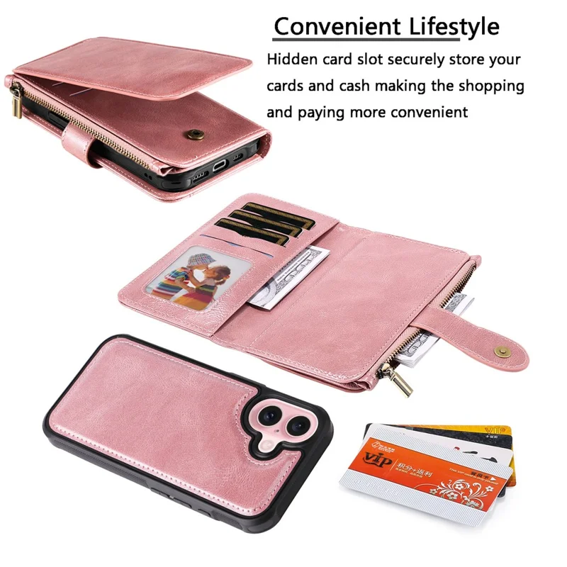 For iPhone 16 Magnetic Case Detachable PU Leather Zipper Wallet Cover - Rose Gold