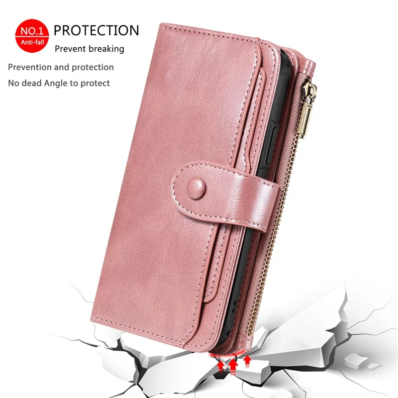 For iPhone 16 Magnetic Case Detachable PU Leather Zipper Wallet Cover - Rose Gold