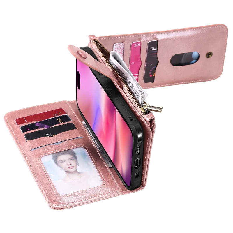 For iPhone 16 Magnetic Case Detachable PU Leather Zipper Wallet Cover - Rose Gold