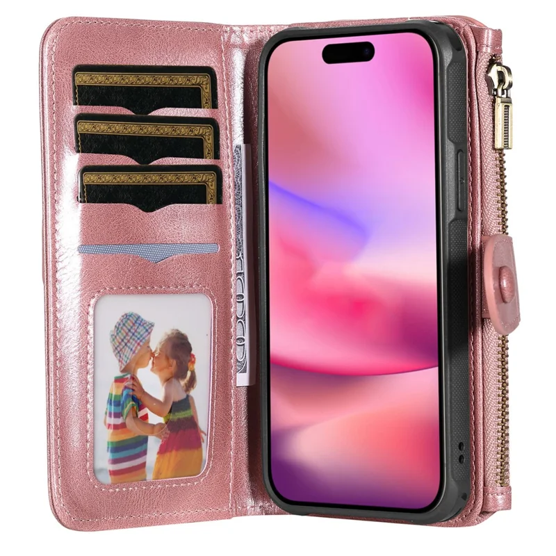 For iPhone 16 Magnetic Case Detachable PU Leather Zipper Wallet Cover - Rose Gold