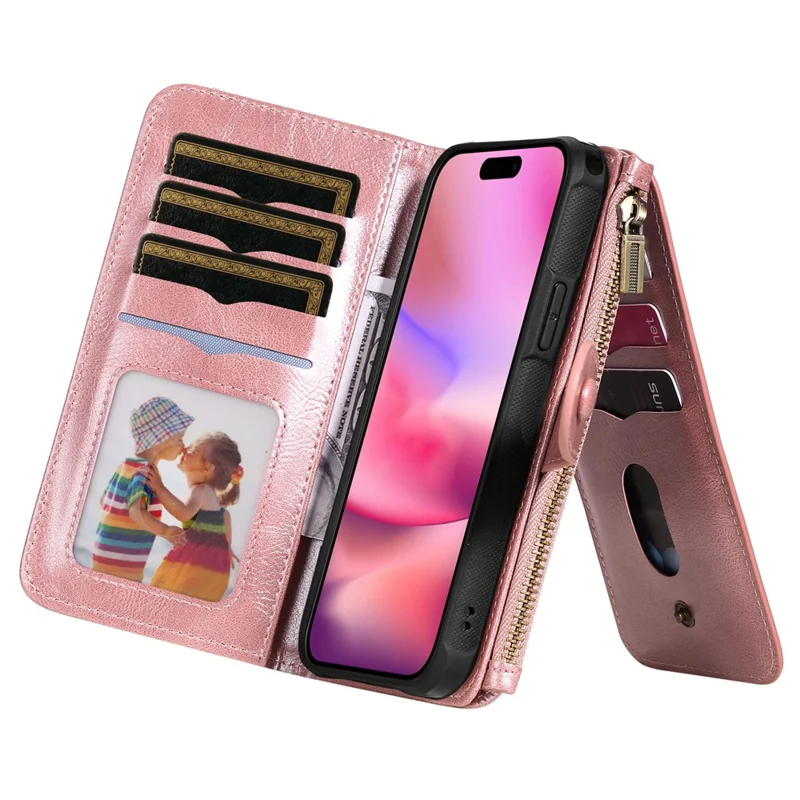 For iPhone 16 Magnetic Case Detachable PU Leather Zipper Wallet Cover - Rose Gold