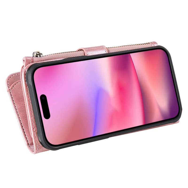 For iPhone 16 Magnetic Case Detachable PU Leather Zipper Wallet Cover - Rose Gold
