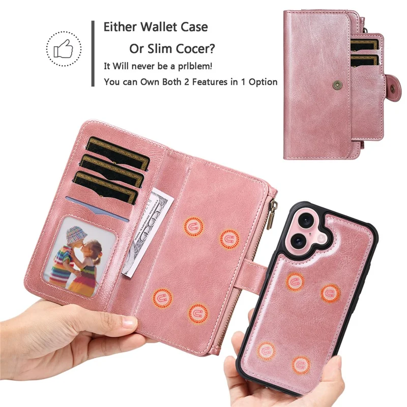 For iPhone 16 Magnetic Case Detachable PU Leather Zipper Wallet Cover - Rose Gold
