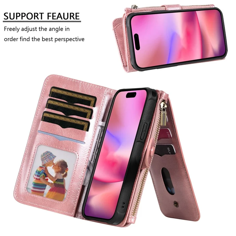For iPhone 16 Magnetic Case Detachable PU Leather Zipper Wallet Cover - Rose Gold