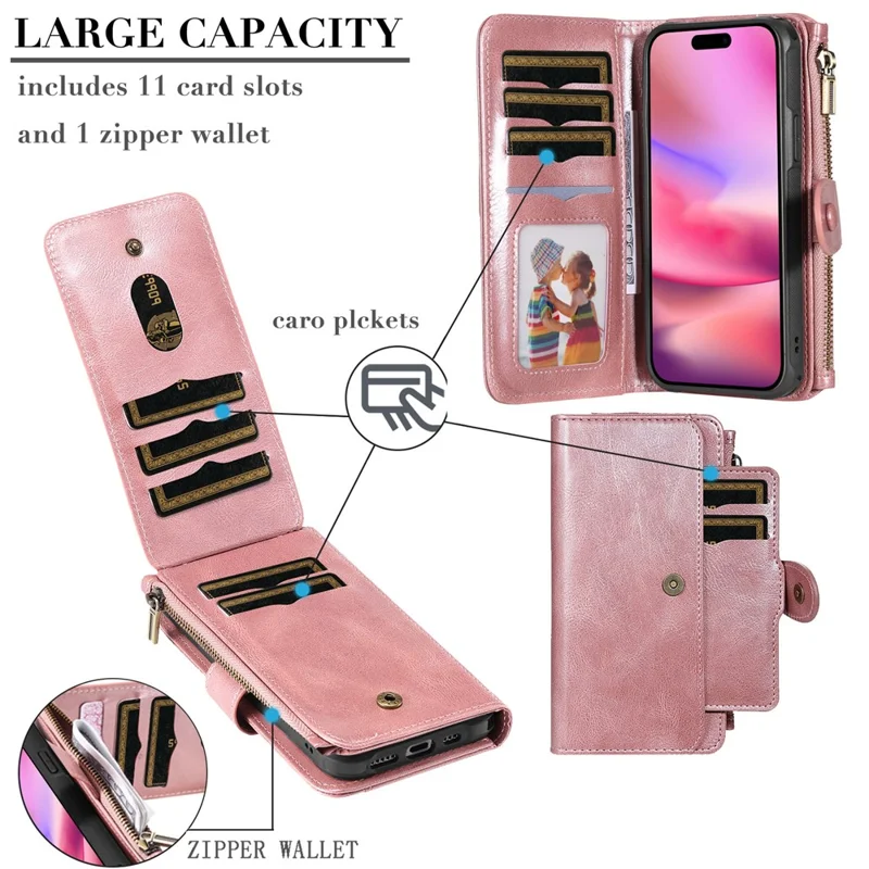 For iPhone 16 Magnetic Case Detachable PU Leather Zipper Wallet Cover - Rose Gold