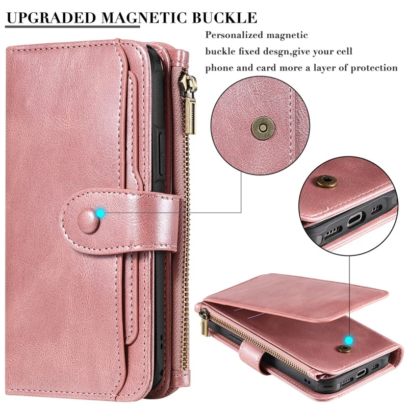 For iPhone 16 Magnetic Case Detachable PU Leather Zipper Wallet Cover - Rose Gold