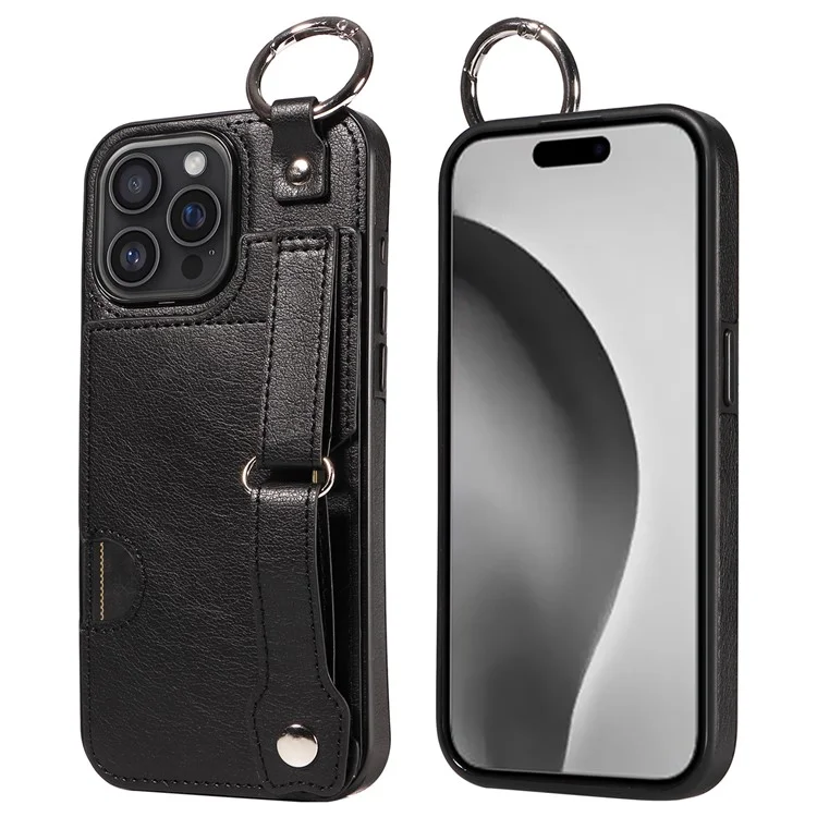008 For iPhone 16 Pro Max Case Wristband Kickstand PU Leather TPU Phone Cover - Black