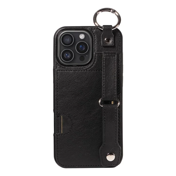 008 For iPhone 16 Pro Max Case Wristband Kickstand PU Leather TPU Phone Cover - Black