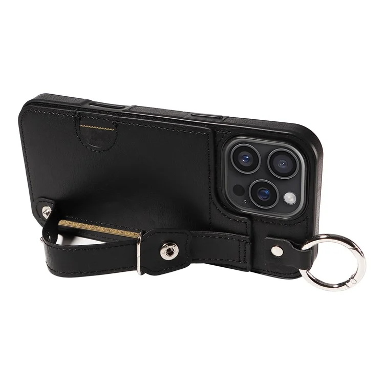 008 For iPhone 16 Pro Max Case Wristband Kickstand PU Leather TPU Phone Cover - Black