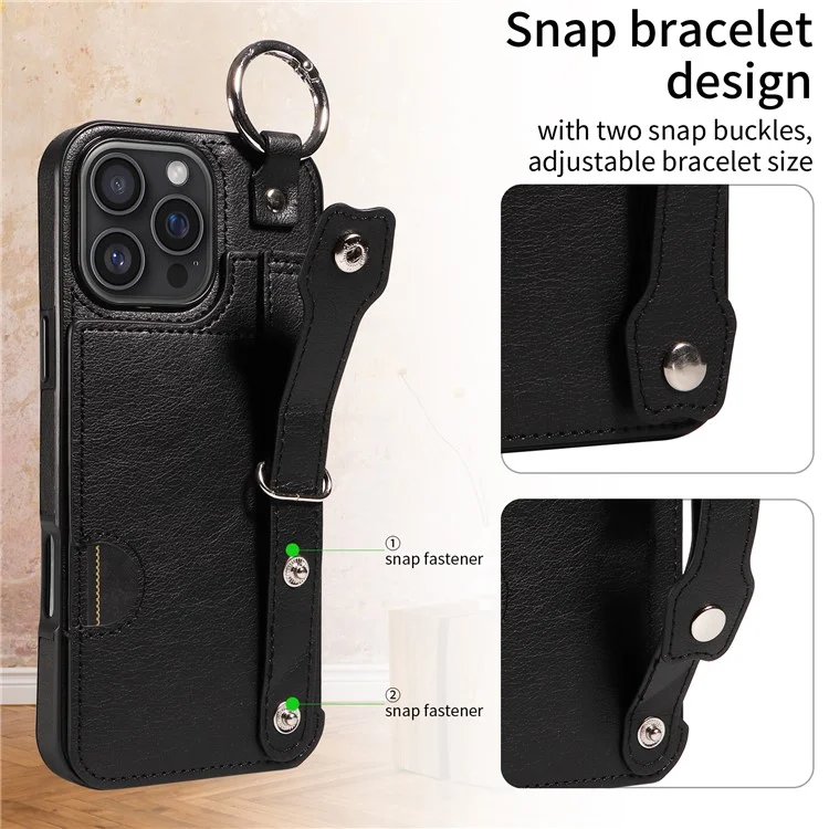 008 For iPhone 16 Pro Max Case Wristband Kickstand PU Leather TPU Phone Cover - Black