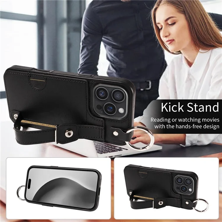 008 For iPhone 16 Pro Max Case Wristband Kickstand PU Leather TPU Phone Cover - Black