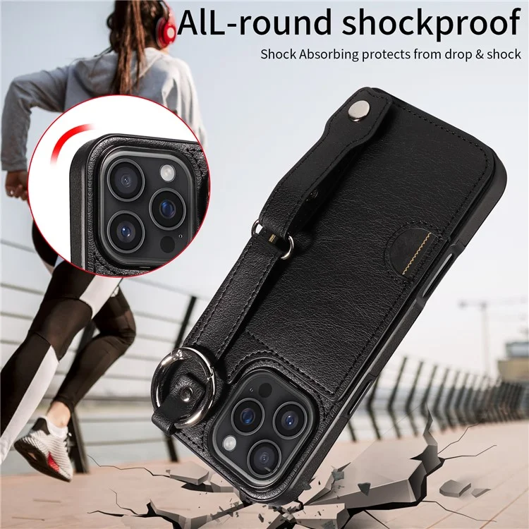 008 For iPhone 16 Pro Max Case Wristband Kickstand PU Leather TPU Phone Cover - Black