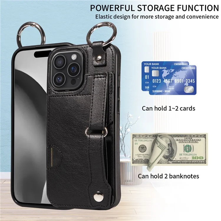 008 For iPhone 16 Pro Max Case Wristband Kickstand PU Leather TPU Phone Cover - Black