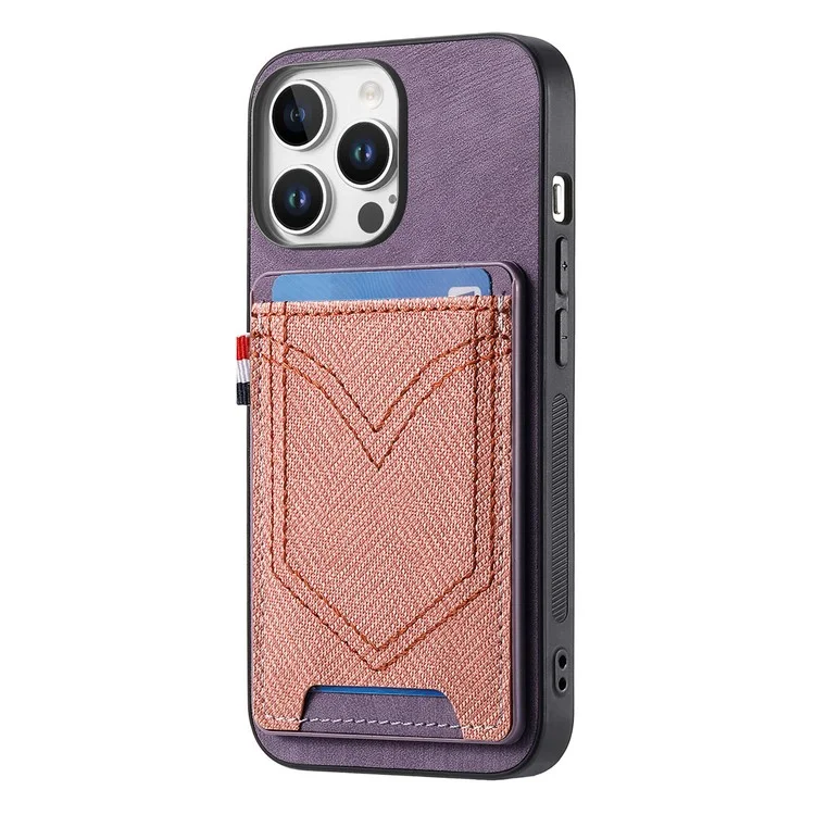 For iPhone 16 Pro Max Phone Case Retro Jean Cloth Texture Leather TPU Card Holder - Purple