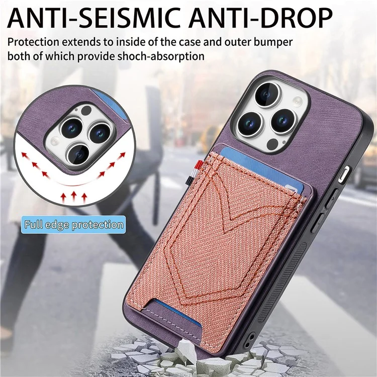 For iPhone 16 Pro Max Phone Case Retro Jean Cloth Texture Leather TPU Card Holder - Purple