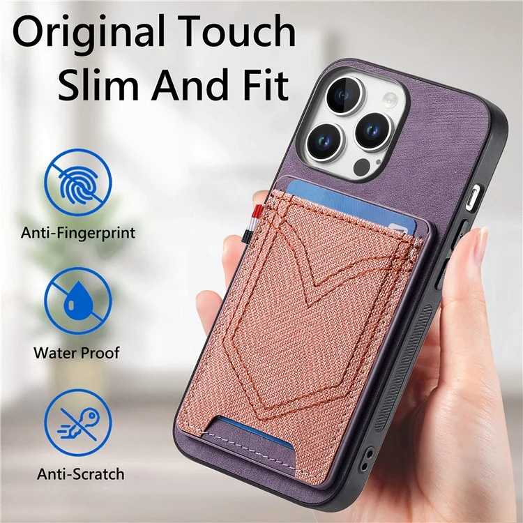 For iPhone 16 Pro Max Phone Case Retro Jean Cloth Texture Leather TPU Card Holder - Purple