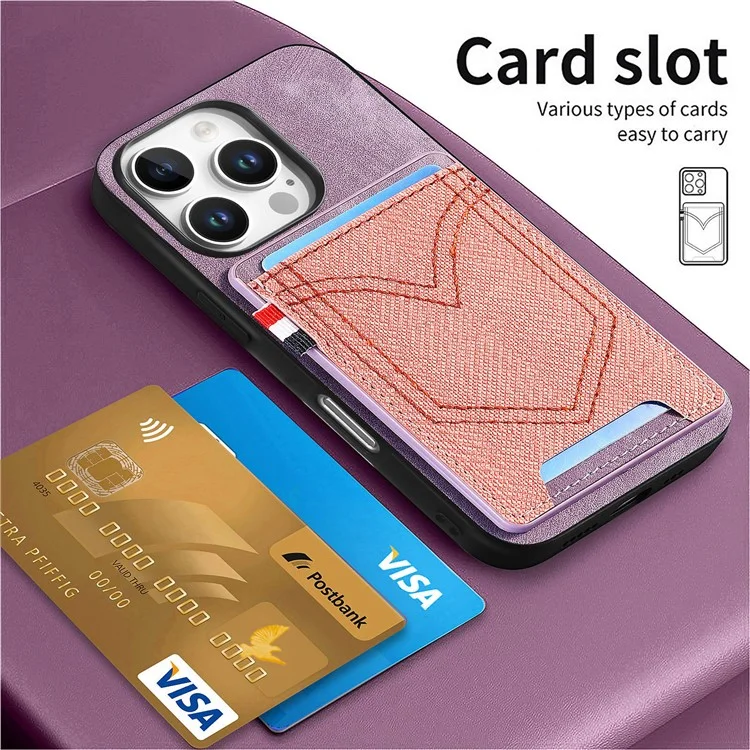 For iPhone 16 Pro Max Phone Case Retro Jean Cloth Texture Leather TPU Card Holder - Purple