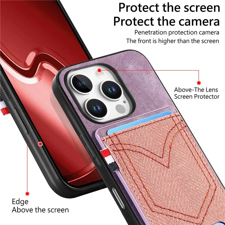 For iPhone 16 Pro Max Phone Case Retro Jean Cloth Texture Leather TPU Card Holder - Purple