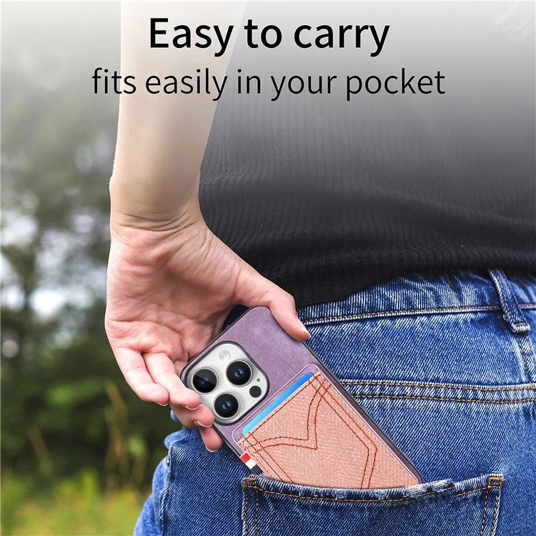 For iPhone 16 Pro Max Phone Case Retro Jean Cloth Texture Leather TPU Card Holder - Purple