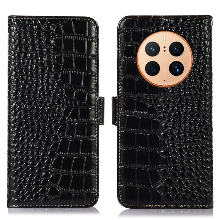 Для Huawei Mate 50 Pro 4G Crocodile Texture Genuine Cowhide Leather Case RFID Blocking Stand Wallet Folio Flip Phone Cover - Black
