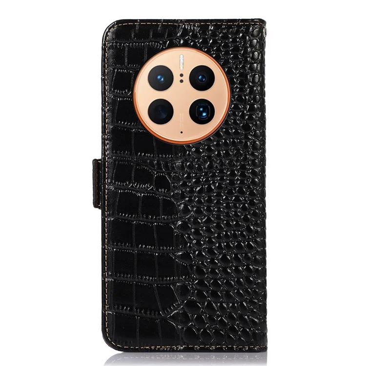 Для Huawei Mate 50 Pro 4G Crocodile Texture Genuine Cowhide Leather Case RFID Blocking Stand Wallet Folio Flip Phone Cover - Black