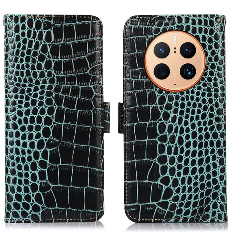 For Huawei Mate 50 Pro 4G Crocodile Texture Genuine Cowhide Leather Case RFID Blocking Stand Wallet Folio Flip Phone Cover - Green