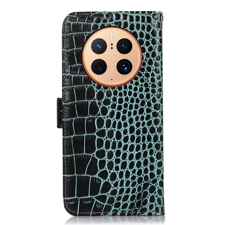 For Huawei Mate 50 Pro 4G Crocodile Texture Genuine Cowhide Leather Case RFID Blocking Stand Wallet Folio Flip Phone Cover - Green