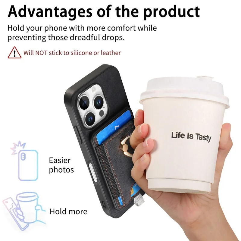 D7 Für Iphone 16 Pro Magnetic Case Card Halter Ring Kickstand PU Leather Telefon Zurück Deckung - Schwarz