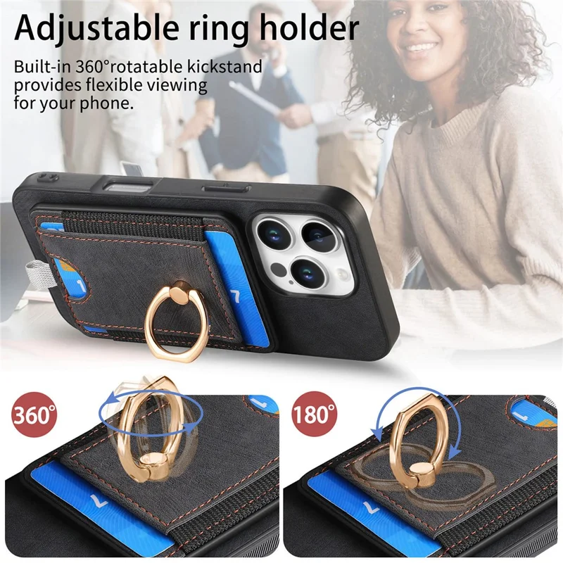 D7 Für Iphone 16 Pro Magnetic Case Card Halter Ring Kickstand PU Leather Telefon Zurück Deckung - Schwarz