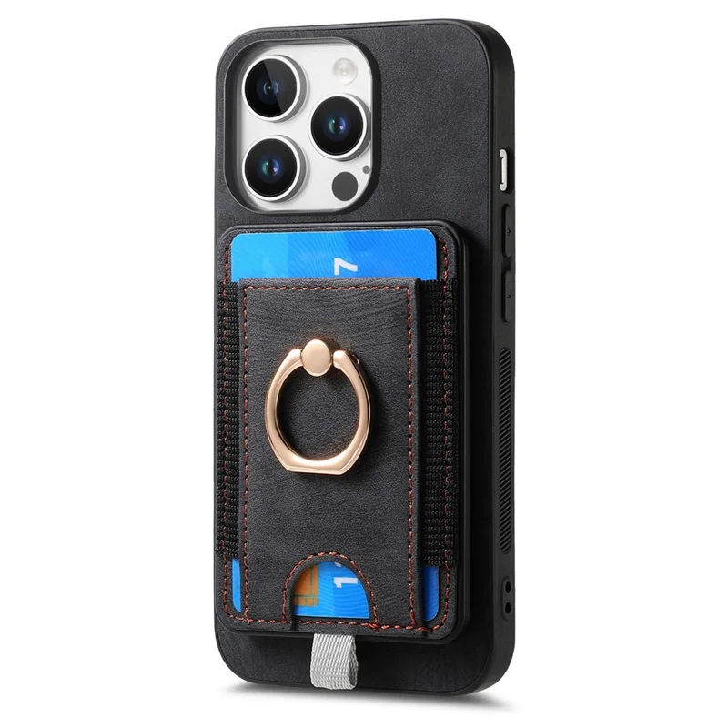 D7 Für Iphone 16 Pro Magnetic Case Card Halter Ring Kickstand PU Leather Telefon Zurück Deckung - Schwarz
