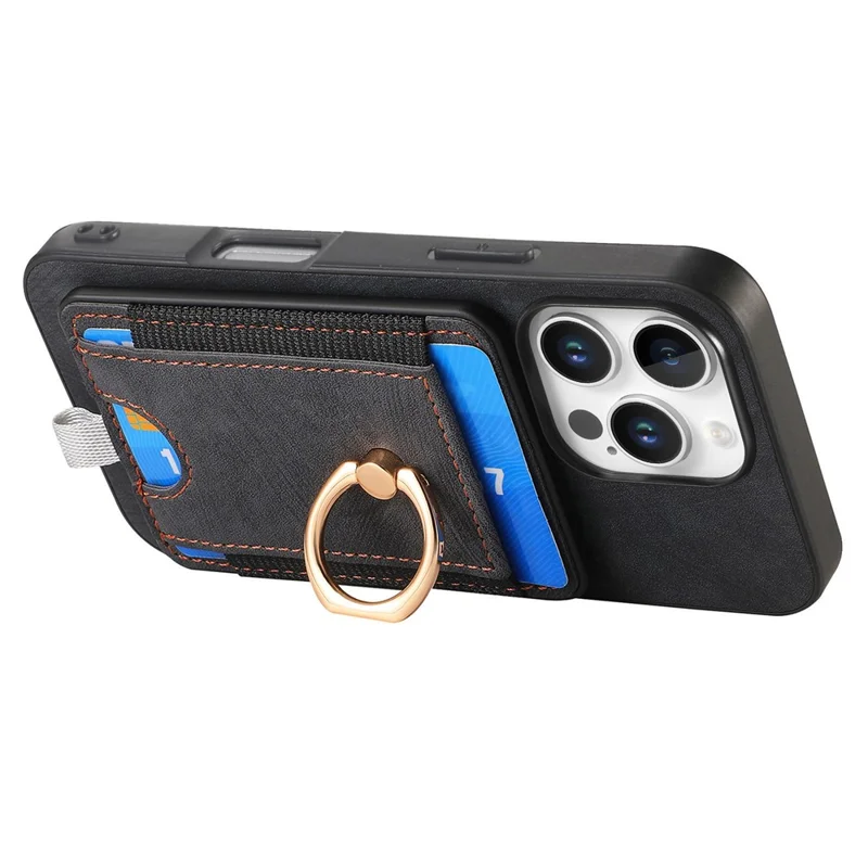D7 Für Iphone 16 Pro Magnetic Case Card Halter Ring Kickstand PU Leather Telefon Zurück Deckung - Schwarz