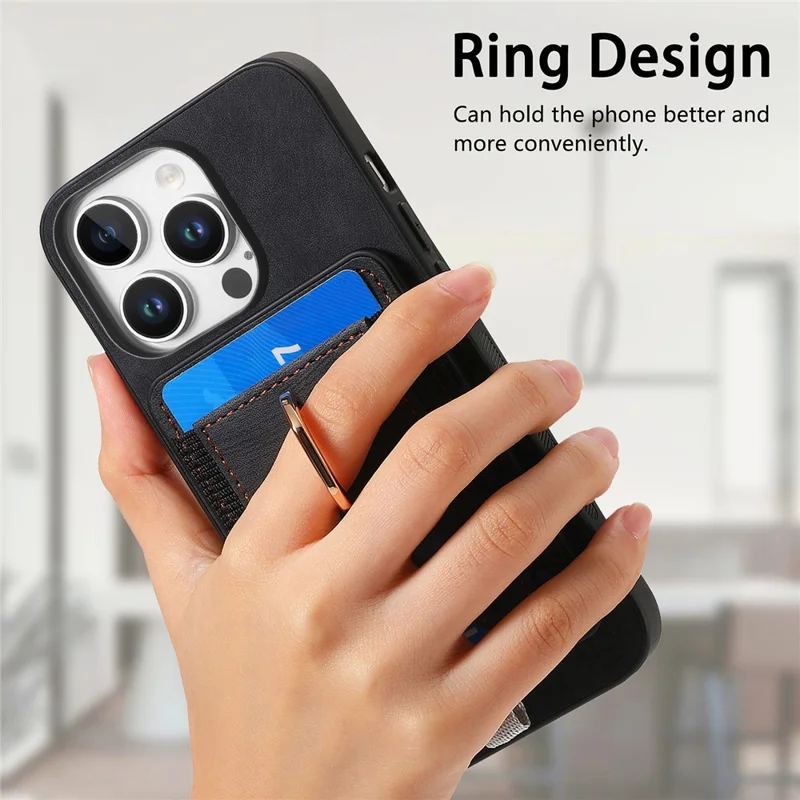 D7 Für Iphone 16 Pro Magnetic Case Card Halter Ring Kickstand PU Leather Telefon Zurück Deckung - Schwarz