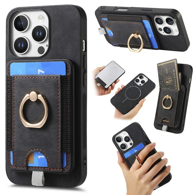 D7 Para Iphone 16 Pro Max Magnetic Caset Holder Ring Kickstand PU Leather Teleping Back Cover - Preto