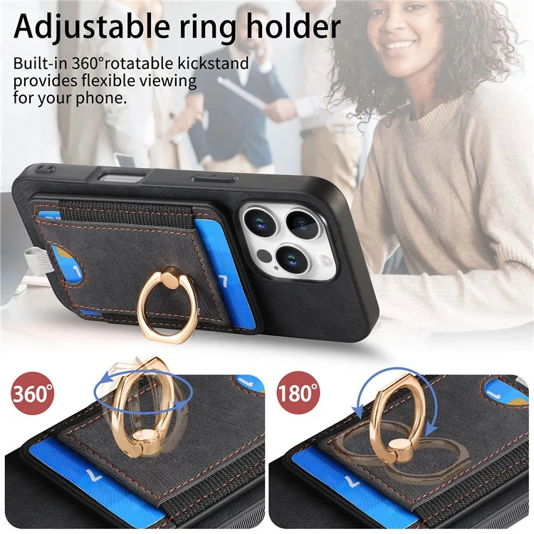 D7 Para Iphone 16 Pro Max Magnetic Caset Holder Ring Kickstand PU Leather Teleping Back Cover - Preto