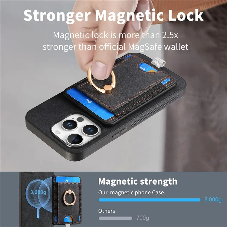 D7 Para Iphone 16 Pro Max Magnetic Caset Holder Ring Kickstand PU Leather Teleping Back Cover - Preto