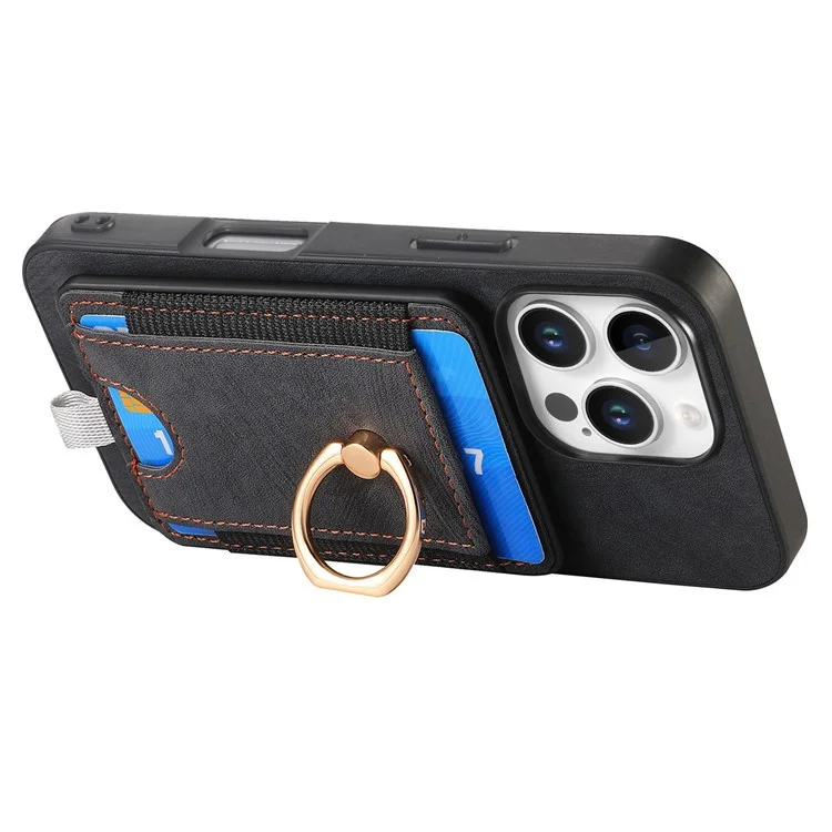 D7 Para Iphone 16 Pro Max Magnetic Caset Holder Ring Kickstand PU Leather Teleping Back Cover - Preto
