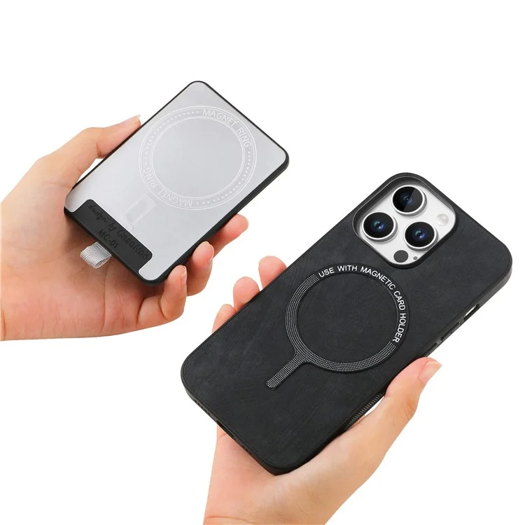 D7 Para Iphone 16 Pro Max Magnetic Caset Holder Ring Kickstand PU Leather Teleping Back Cover - Preto