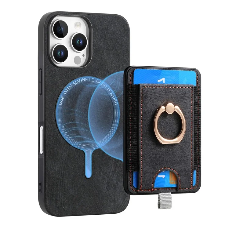 D7 Para Iphone 16 Pro Max Magnetic Caset Holder Ring Kickstand PU Leather Teleping Back Cover - Preto