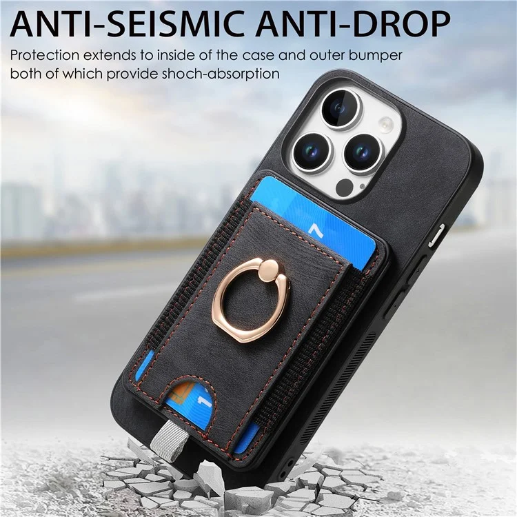D7 Para Iphone 16 Pro Max Magnetic Caset Holder Ring Kickstand PU Leather Teleping Back Cover - Preto