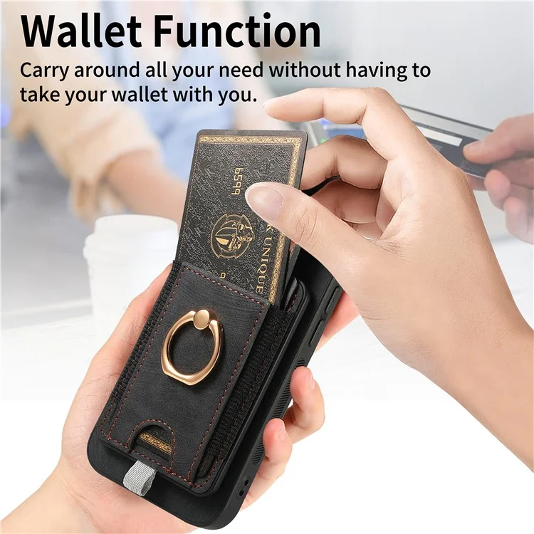D7 Para Iphone 16 Pro Max Magnetic Caset Holder Ring Kickstand PU Leather Teleping Back Cover - Preto
