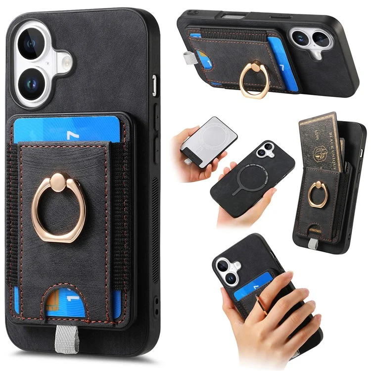 D7 Para Iphone 16 Caso Magnético Ring Kickstand PU Couro Teleping Back Cover - Preto