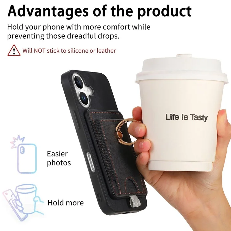 D7 Para Iphone 16 Caso Magnético Ring Kickstand PU Couro Teleping Back Cover - Preto