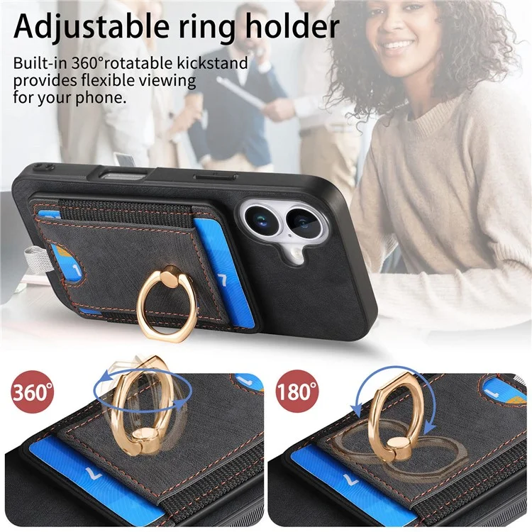 D7 Para Iphone 16 Caso Magnético Ring Kickstand PU Couro Teleping Back Cover - Preto