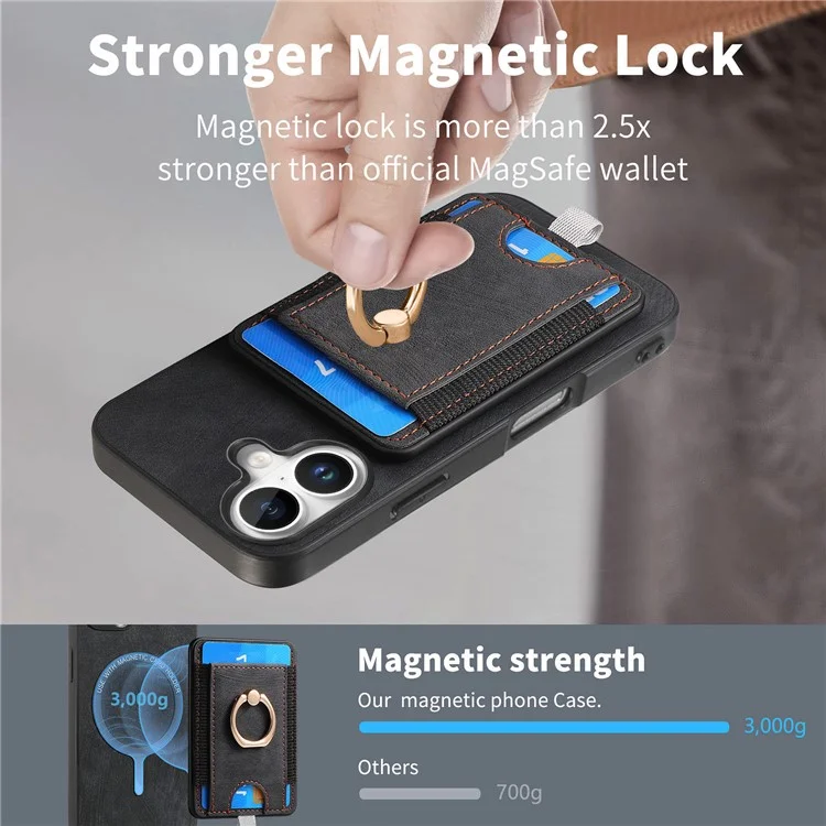 D7 Para Iphone 16 Caso Magnético Ring Kickstand PU Couro Teleping Back Cover - Preto