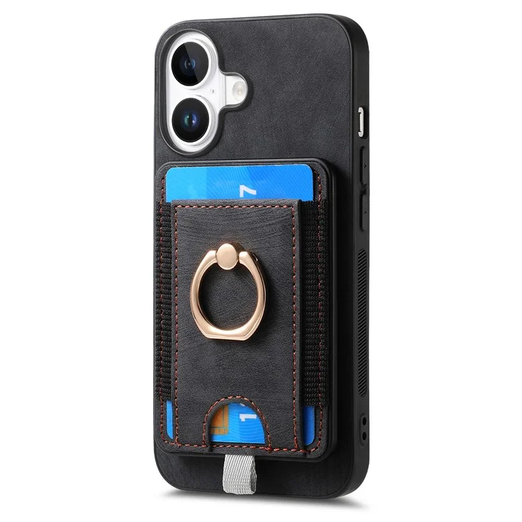 D7 Para Iphone 16 Caso Magnético Ring Kickstand PU Couro Teleping Back Cover - Preto