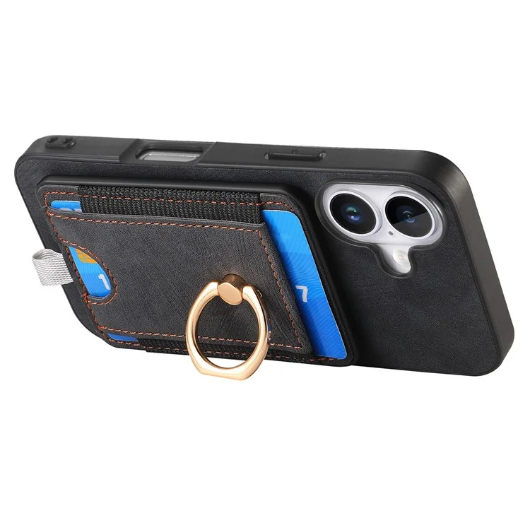 D7 Para Iphone 16 Caso Magnético Ring Kickstand PU Couro Teleping Back Cover - Preto